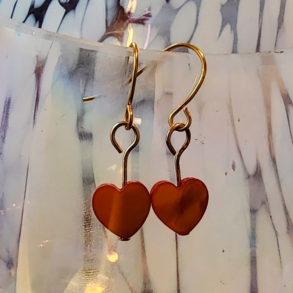 Red Dyed Shell and Gold Heart Earrings